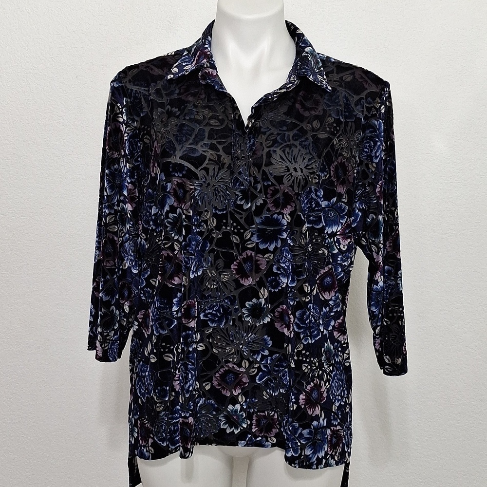 Cathy Blue Black Whimsigoth Velvet Burnout Floral Romantic Goth Fairy Top *PL